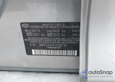 2015 Hyundai Sonata Se z USA, uszkodzony, nr VIN 5NPE24AF6FH008738